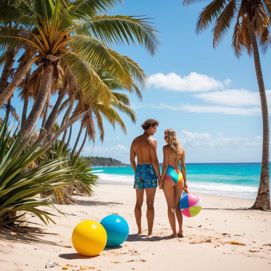 An imaginative beach scene featuring two contrasting characters: an INTJ with minimalist, sleek beachwear and a book in hand, embodying introspection, alongside an ESFP wearing bold, colorful swimwear, lively and surrounded by playful elements like beach balls and friends. The background showcases a vibrant beach with surfboards and palm trees, inviting exploration and fun. vivid colors. tropical vibes.